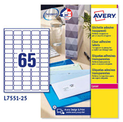 Immagine di Etichetta in poliestere L7551 Avery - trasparente - adatta a stampanti laser - 38.1x21.2 mm - 65 etichette per foglio - conf. 25 fogli A4 [07551L025]