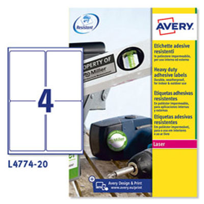 Immagine di Etichetta in poliestere L4774 Avery - bianco - adatta a stampanti laser - 99.1x139 mm - 4 etichette per foglio - conf. 20 fogli A4 [L4774-20]