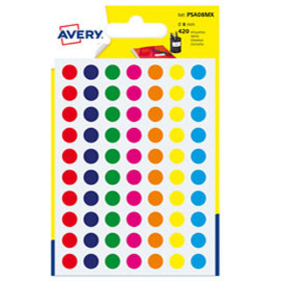 Immagine di Etichetta adesiva tonda PSA - colori assortiti - ø 8 mm - Avery - blister 420 etichette [PSA08MX]