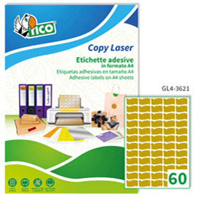 Immagine di Etichetta adesiva GL4 - sagomata - permanente - 36x21 mm - 60 etichette per foglio - satinata oro - Tico - conf. 100 fogli A4 [GL4-3621]