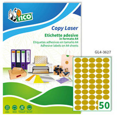 Immagine di Etichetta adesiva GL4 - ovale - permanente - 36x27 mm - 50 etichette per foglio - satinata oro - Tico - conf. 100 fogli A4 [GL4-3627]