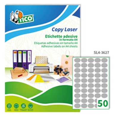 Immagine di Etichetta adesiva SL4 - ovale - permanente - 36x27 mm - 50 etichette per foglio - satinata argento - Tico - conf. 100 fogli A4 [SL4-3627]