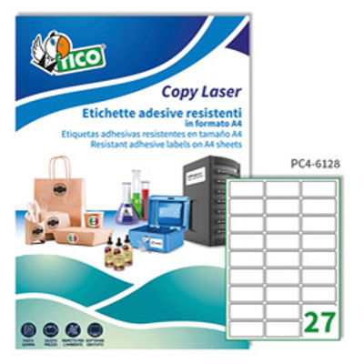 Immagine di Etichetta in poliestere PC4 - adatta a stampanti laser - permanente - 61x286 mm - 27 etichette per foglio - trasparente - Tico - conf. 100 fogli A4 [PC4-6128]