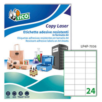 Immagine di Etichetta in poliestere LP4P - adatta a stampanti laser - permanente - 70x36 mm - 24 etichette per foglio - bianco - Tico - conf. 70 fogli A4 [LP4P-7036]