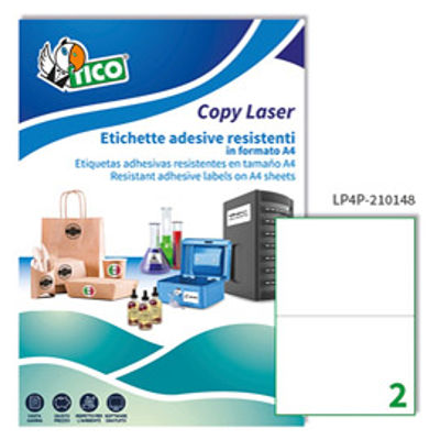 Immagine di Etichetta in poliestere LP4P - adatta a stampanti laser - permanente - 210x148 mm - 2 etichette per foglio - bianco - Tico - conf. 70 fogli A4 [LP4P-210148]