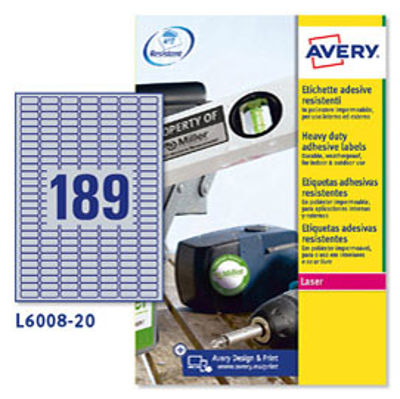 Immagine di Etichetta in poliestere L6008 - adatta a stampanti laser - permanente - 24,5x10 mm - 189 etichette per foglio - argento - Avery - conf. 20 fogli A4 [L6008-20]