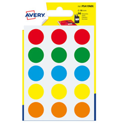 Immagine di Etichetta adesiva tonda PSA - permanente - D 19 mm - colori assortiti - Avery - blister 90 etichette [PSA19MX]