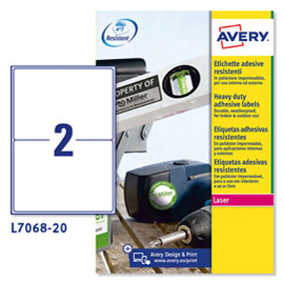 Immagine di Etichetta in poliestere L7068 - adatta a stampanti laser - permanente - 199,6x143,5 mm - 2 etichette per foglio -  bianco - Avery - conf. 20 fogli A4 [L7068-20]