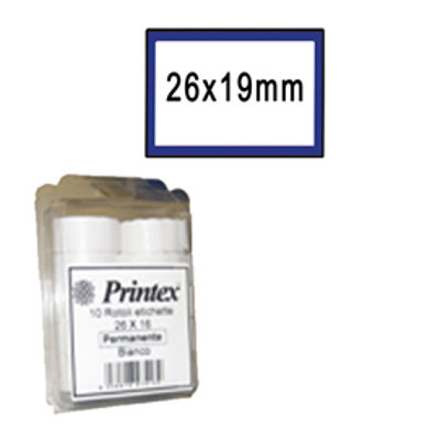 Immagine di Rotolo da 600 etichette per Printex Z 17 - 26x19 mm - adesivo permanente - bianco - cornice blu - Printex - nero - pack 10 rotoli [B10/2619BPSTBB]
