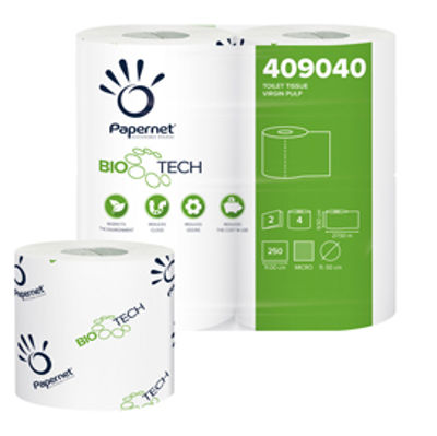 Immagine di Carta igienica standard Bio Tech - 2 veli - 250 strappi - 15,5 gr - 9,5 cm  x 27,5 mt - Papernet - pacco 4 rotoli [409040]