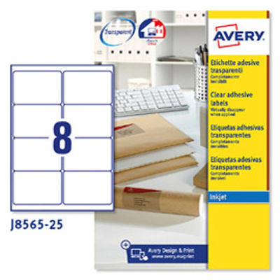 Immagine di Etichetta in poliestere J8565 - adatta a stampanti inkjet - 99,1 x 67,7 mm - 8 etichette per foglio - trasparente - Avery - conf. 25 fogli A4 [J8565-25]