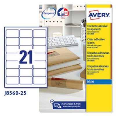 Immagine di Etichetta in poliestere J8560 - adatta a stampanti inkjet - permamente - 63,5 x 38,1 mm - 21 etichetta per foglio - trasparente - Avery - conf. 25 fogli A4 [J8560-25]