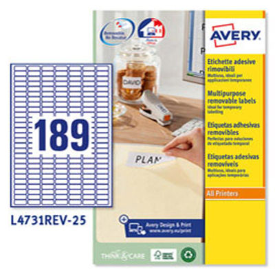 Immagine di Etichetta adesiva L4731REV - rimovibile - adatta a stampanti laser - 25,4x10 mm - 18 etichette per foglio - bianco - Avery - conf. 25 fogli A4 [L4731REV-25]