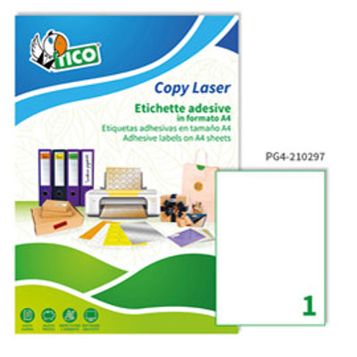 Immagine di Etichetta adesiva PG4 - permanente - 210x297 mm - 1 etichetta per foglio - bianco lucido - Tico - conf. 100 fogli A4 [PG4-210297]