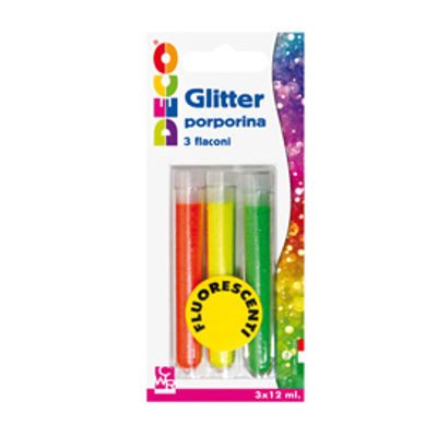 Immagine di Glitter grana fine - 12 ml - colori assortiti fluo - Deco - blister 3 flaconi [11591]