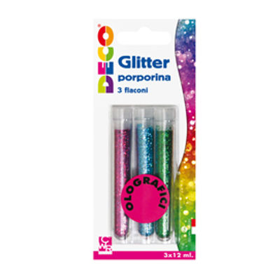 Immagine di Glitter grana fine - 12 ml - colori assortiti olografici - Deco - blister 3 flaconi [11592]