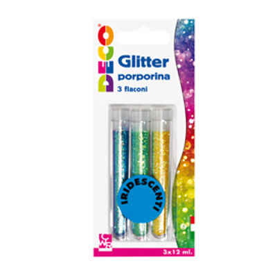Immagine di Glitter grana fine - 12 ml - colori assortiti iridescenti - Deco - blister 3 flaconi [11593]