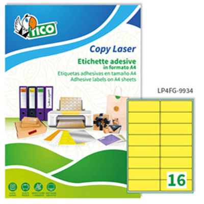 Immagine di Etichetta adesiva LP4F - permanente - 99,1x34 mm - 16 etichette per foglio - giallo fluo - Tico - conf. 70 fogli A4 [LP4FG-9934]