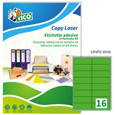Immagine di Etichetta adesiva LP4F - permanente - 99,1x34 mm - angoli tondi - 16 etichette per foglio - verde fluo - Tico - conf. 70 fogli A4 [LP4FV-9934]