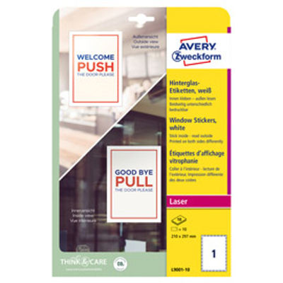 Immagine di Adesivi per finestre in carta con pellicola 210x297mm 1adesivo/fg, laser Avery [L9001-10]