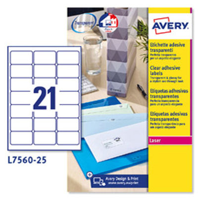 Immagine di Poliestere adesivo L7560 trasparente 25fg A4 63,5x38,1mm (21et/fg) laser Avery [L7560-25]