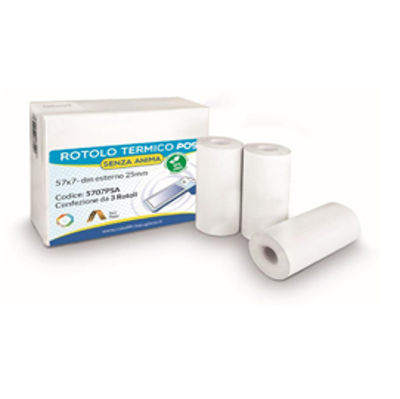 Immagine di Rotolo per POS e carte di credito - carta termica BPA free - 57 mm x 7 mt - 55 g/m2 - diametro esterno 25 mm - senza anima - Rotolificio Pugliese - blister 3 pezzi [5707PSA]